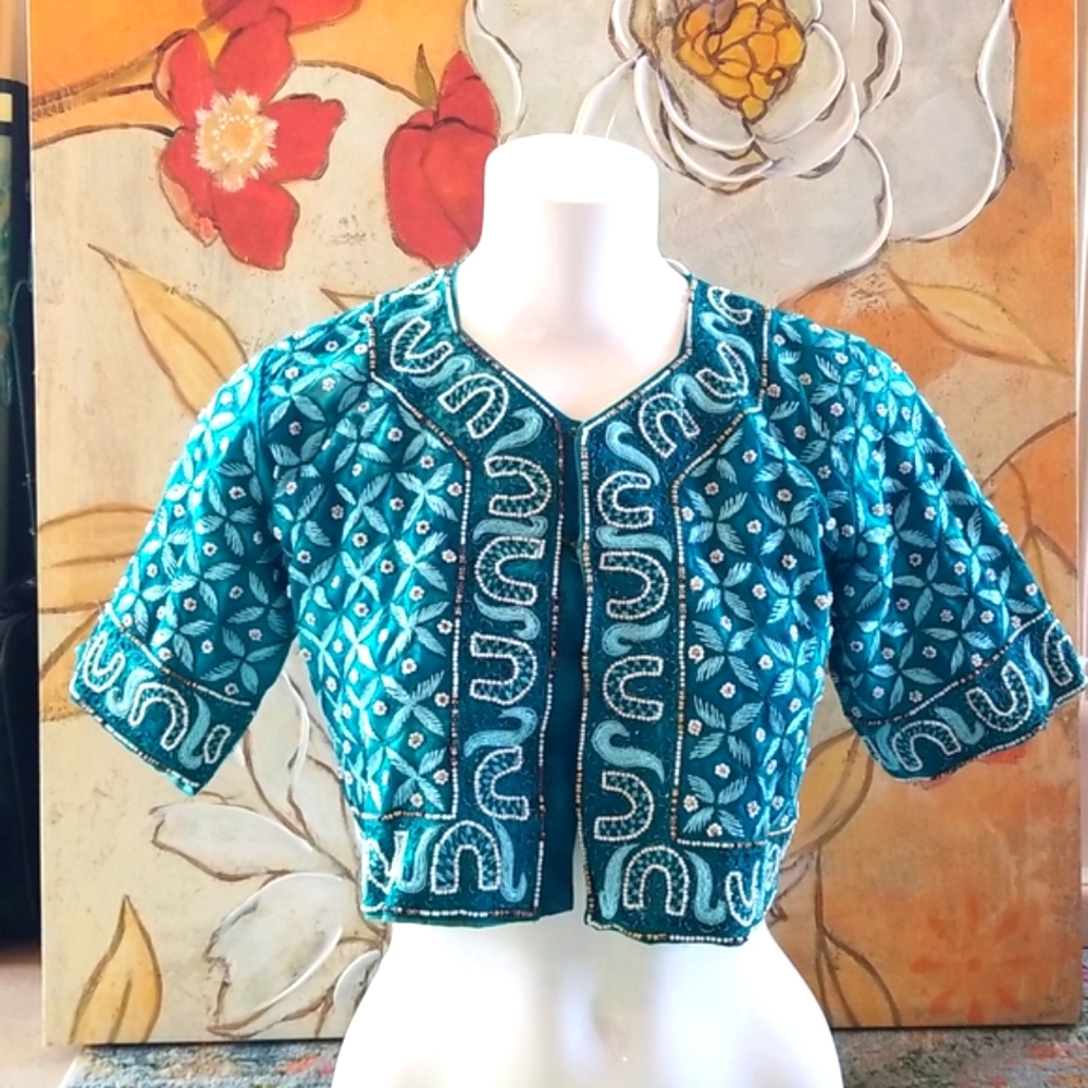 BEAUTIFUL Embroidery Beaded Ethnic Turquoise Silk SS Vintage Crop Top Jacket